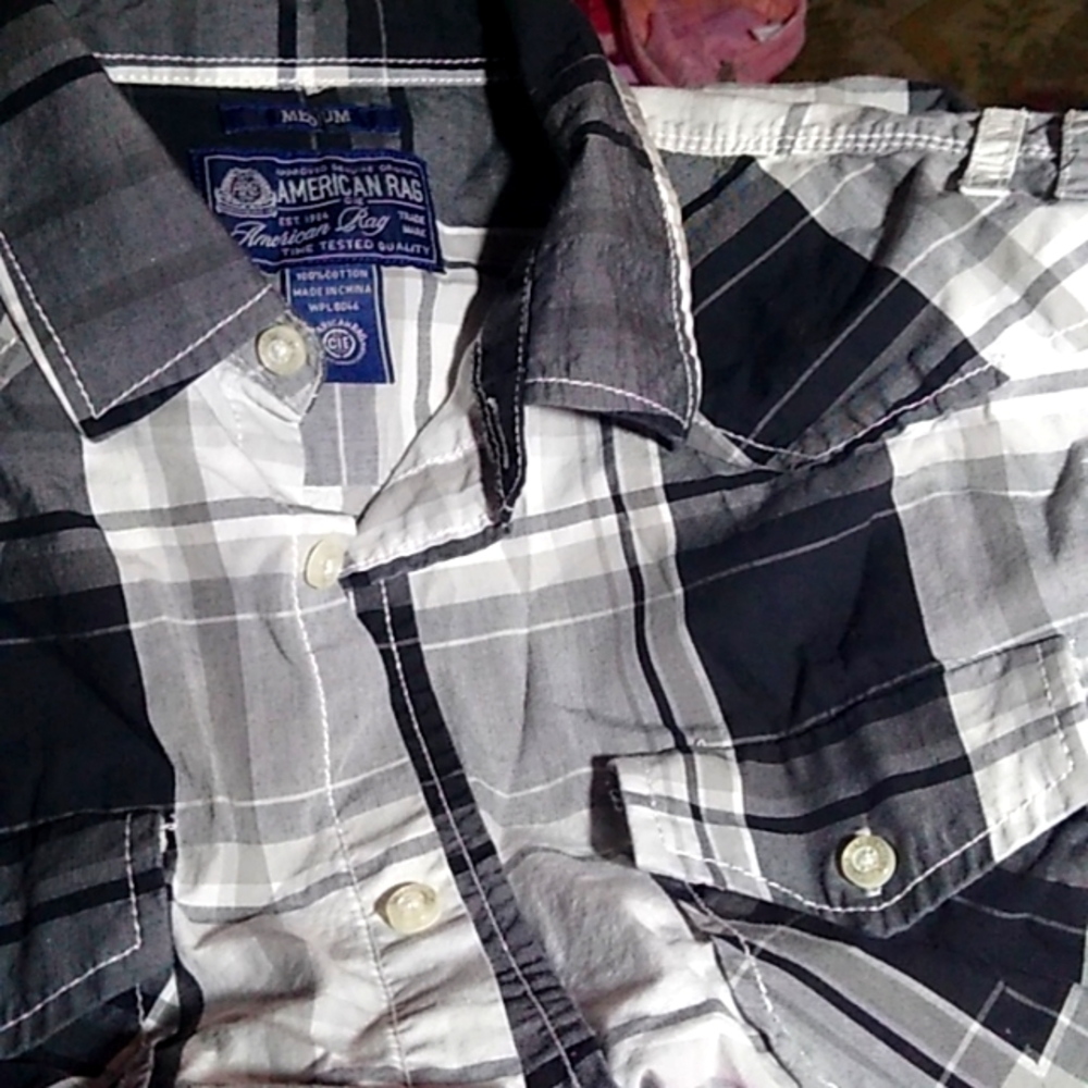 Boys button up long sleeve gray , black and white plaid shirt